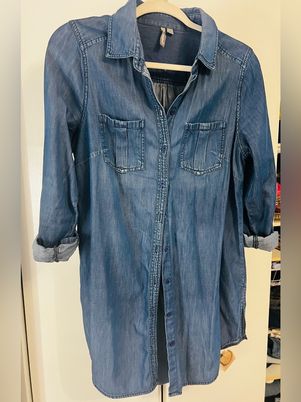 Denim Button-Down Shirt Dress  - Blue
